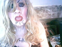 Smutty smoking pigslut Sarah humiliates herself by drinking own piss, wanking and penetrating her shit pipe cunt huge dildo asian and white gay sex videos