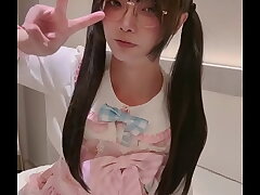 Cute big-dick femboy Aroma jerks off in a pink dress and cums gay+sex+videos+asian