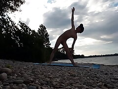 Threadlike nudist lad does yoga nude on a naturist beach. Naked yoga motion picture by Jon Arteen cheerful porn model hd asian sex videos cheerful