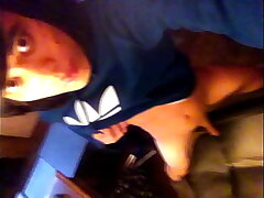Teen twink with cute face, emo haircut, wearing blue Adidas Trefoil Hoodie, rubs his tiny calm unearth on the chair download the asian gay sex videos